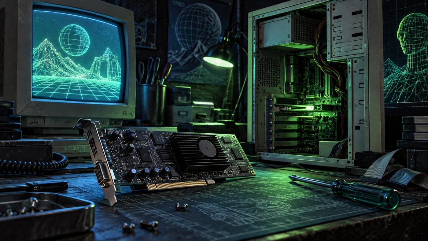 Illustrated early-2000s graphics testing bench with generic hardware and CRT wireframes