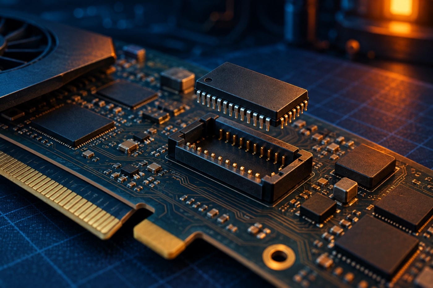 Unbranded illustrated firmware socket and chip under blue and amber light